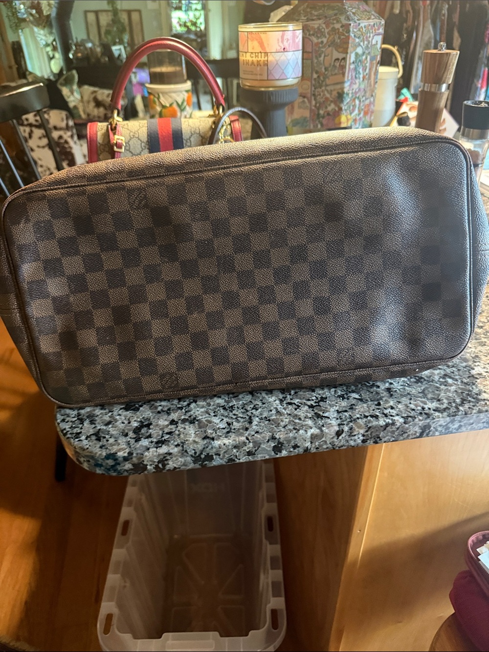Louis Vuitton Brown Checkered Tote with Red Interior - Picture 7 of 10